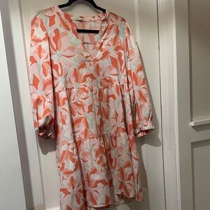 Chic Coral and White Long Sleeve Dress